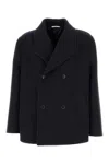 Valentino Ribbed-panel Double-breasted Coat In Blue