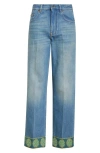 Valentino Medium Blue Jeans With Green Embroidery, Straight Leg, High Waist In Blue
