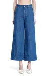 Valentino Womens Brand-patch Buttoned-pockets Wide-leg High-rise Denim And Linen-blend Jeans Medium Blue Denim