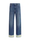 Valentino Heart Court Straight Jeans With Embroidered Hem In Blue