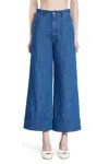 Valentino Womens Brand-patch Buttoned-pockets Wide-leg High-rise Denim And Linen-blend Jeans Medium Blue Denim In Blue