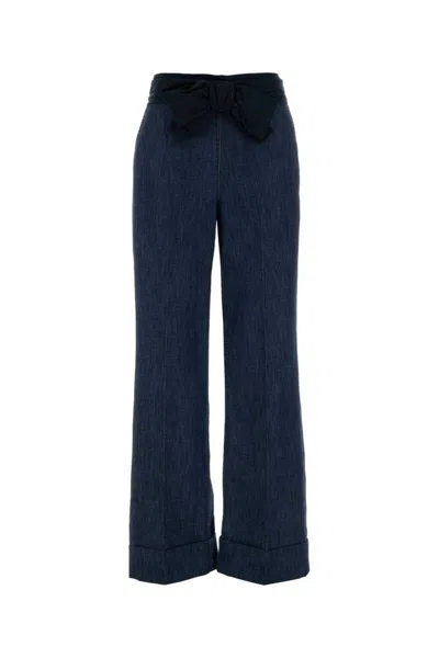 Valentino Wide-leg High Waist Cuffed Denim Trousers In Blue
