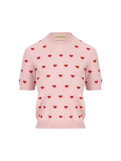 Valentino Crewneck Heart Jacquard Sweater In Pink