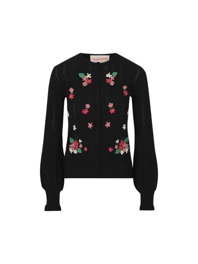 Valentino Wool Floral Embroidered Balloon Sleeve Cardigan In Black