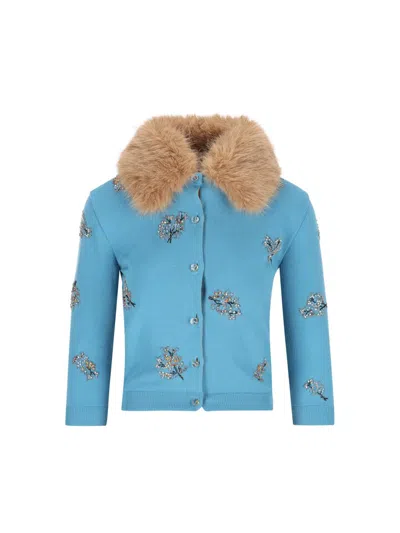 Valentino Floral Crystals Wool Cardigan In Celestial Blue