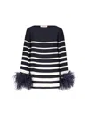 Valentino Garavani Stripe Silk Top With Feather Cuffs In Ivory/navy
