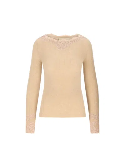 Valentino Cashmere Sweater With Lace And Boat Neckline In Brown