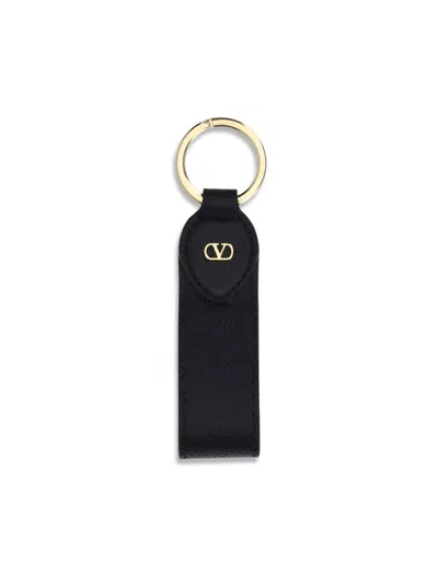 Valentino Garavani Vlogo Textured Leather Keychain With Gold Finish In Blue