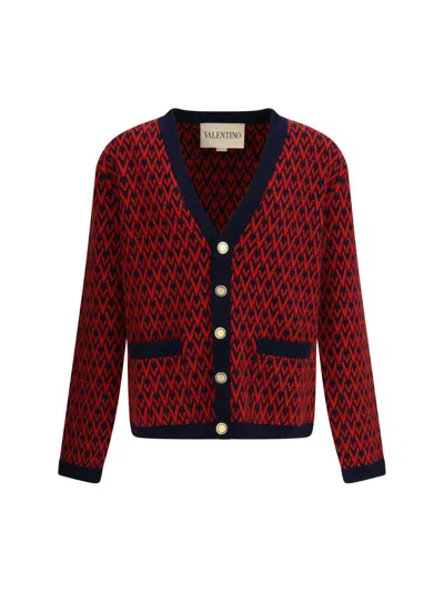 Valentino Toute La V Jacquard Wool Cardigan In Red