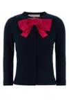 Valentino Wool Cardigan With Ribbed Cuffs And Bow Detail In Blue