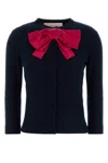 Valentino Wool Cardigan With Ribbed Cuffs And Bow Detail In Blue