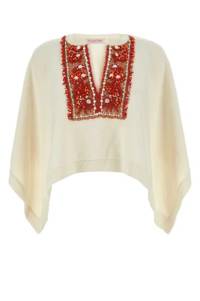 Valentino Poncho Cotton Blend Embellished Neckline In White