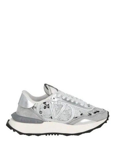 Valentino Garavani Lace And Mesh Lacerunner Sneaker Woman Sneakers Silver Size 8 Lambskin, Cotton, P