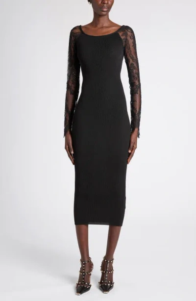 Valentino Garavani Lace Long Sleeve Rib Virgin Wool Blend Sweater Dress In Black