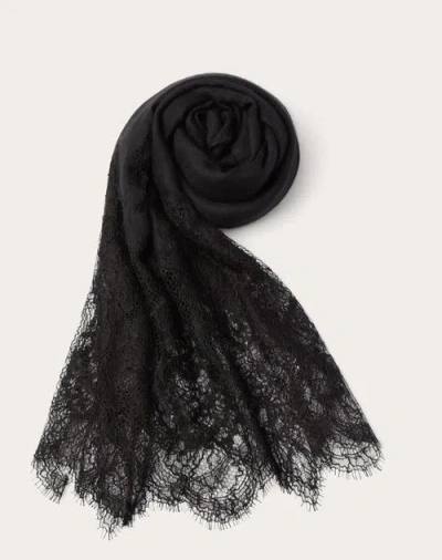 Valentino Garavani Lace Stole In Cashmere And Wool With Lace Detail Woman Black Uni In Noir