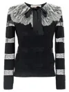 Valentino Bow-embellished Striped Lace-trimmed Wool Sweater In White/black