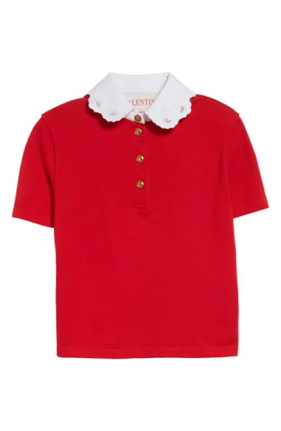 Valentino Garavani Lace Trim Cotton Polo In Red