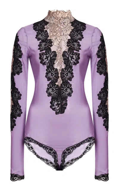 Valentino Garavani Lace-trimmed Jersey Bodysuit In Purple