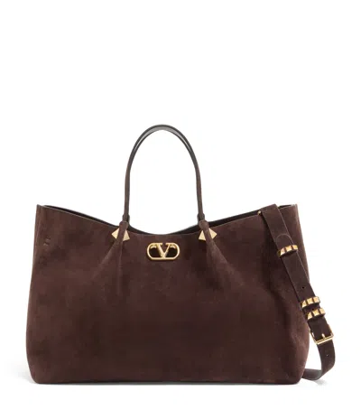 Valentino Garavani Large Suede Vlogo Signature Tote Bag In Brown