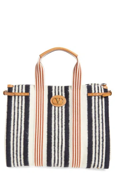 Valentino Garavani Large Tess Stripe Tote In Navy/ivy