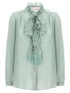 Valentino Crepe Shirt With High Neck And Ruffled Neckline In Green