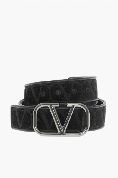 Valentino Garavani Garavani Leather And Fabric Belt With Logoed Buckle 40mm In Black