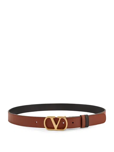 Valentino Garavani Leather Belt With Adjustable Length And Reversible In Brown