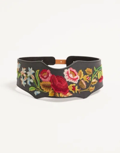 Valentino Garavani Leather Belt With Floral Motif Embroidery 95 Mm Woman Multicolour 100