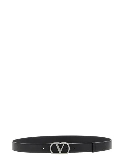 Valentino Garavani Leather Belt With V Logo Buckle In Black