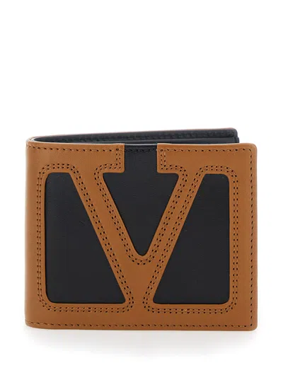Valentino Garavani Leather Bi-fold Wallet With Contrasting Maxi Vlogo On The Front And 11x9x2 Cm Dim In Brown