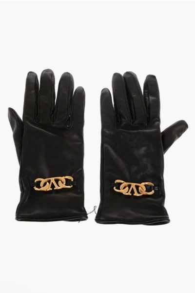 Valentino Garavani Garavani Leather Gloves With Golden Metal Monogram In Black
