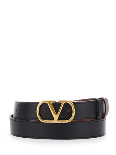 Valentino Garavani Leather Reversible With Vlogo Buckle Belt In Black