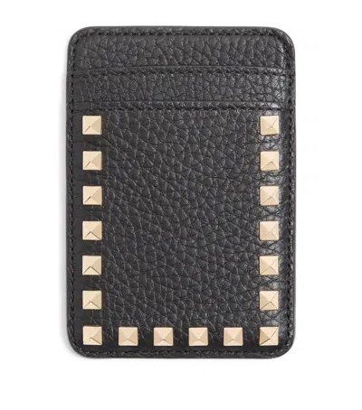 Valentino Garavani Leather Rockstud Magnetic Card Holder In Black