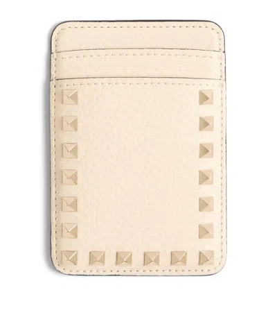 Valentino Garavani Leather Rockstud Magnetic Card Holder In Ivory