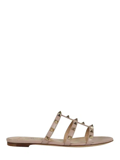 Valentino Garavani Leather Ruckstud Sandal With Gold Stud Accents In Neutral
