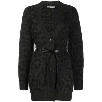 Valentino Garavani Leopard Pattern Belted V-neck Cardigan In Gray