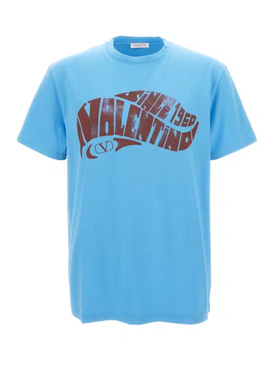 Valentino Garavani Light Blue Crewneck T-shirt With Logo Print In Jersey Man