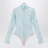 Valentino High Neck Long Sleeve Floral Lace Bodysuit In Blue