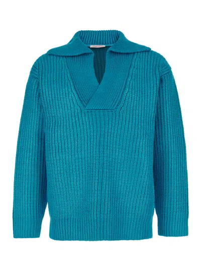 Valentino Garavani Light Blue Pullover With V Neck In Silk Blend Knit Man In Multicolor