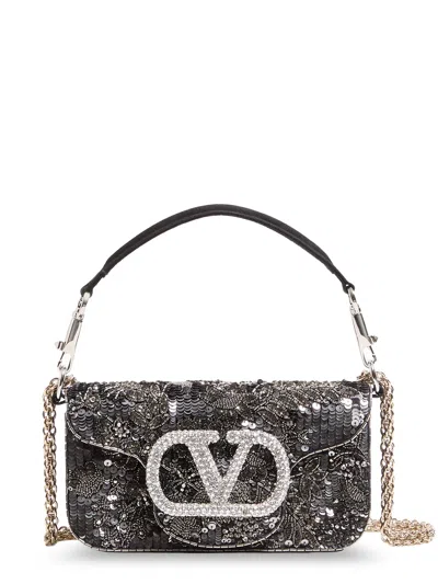 Valentino Garavani Loco Embroidered Satin Crossbody Bag In Gray