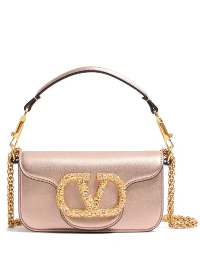 Valentino Garavani Small Crystal Vlogo Metallic Leather Crossbody Bag In Pink