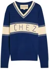 Valentino Embroidered Striped Virgin Wool And Cotton-blend Sweater In Blue