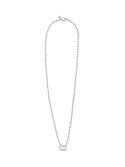 Valentino Garavani Logo Pendant Beaded Necklace In White