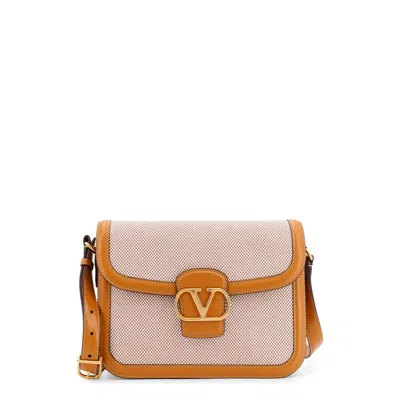 Valentino Garavani Logo Plaque Foldover Top Shoulder Bag In Sand
