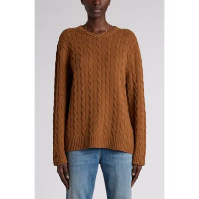 Valentino Garavani Maglia Vlogo Cable Stitch Cashmere Crewneck Sweater In Brown