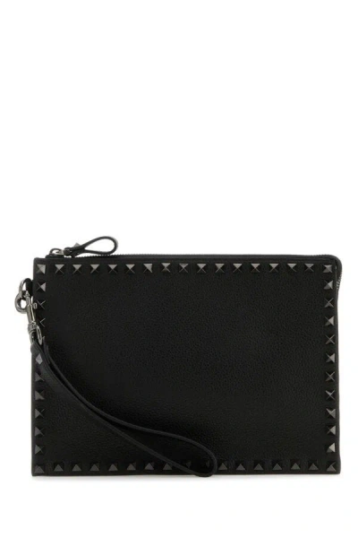 Valentino Garavani Man Black Leather Rockstud Clutch