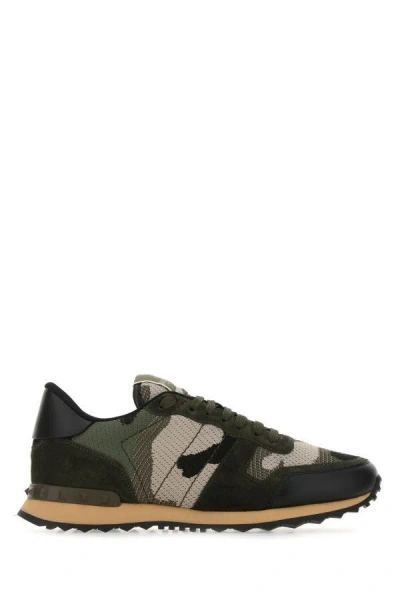 Valentino Garavani Man Multicolor Fabric And Leather Rockrunner Camouflage Sneakers In Green