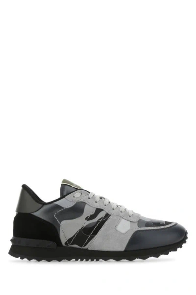Valentino Garavani Man Multicolor Fabric And Nappa Leather Rockrunner Camouflage Sneakers In Green