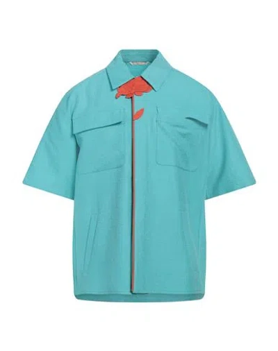 Valentino Garavani Man Shirt Turquoise Size 16 Virgin Wool, Silk, Polyester, Cotton, Elastane In Blue