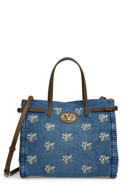 Valentino Garavani Medium Antibes Embroidered Denim Tote In Multi